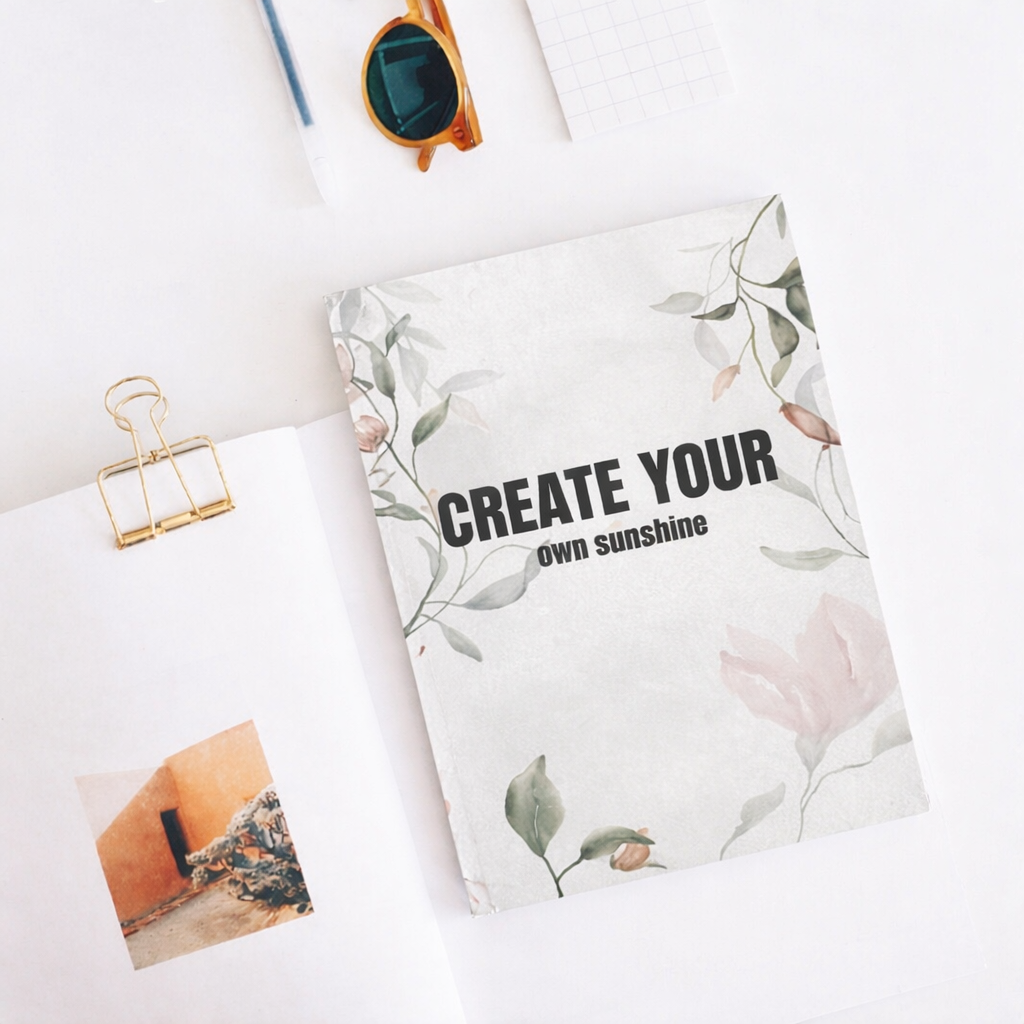 Floral pillow with 'Create Your Own Sunshine' text on a white surface with sunglasses and a photo clip.