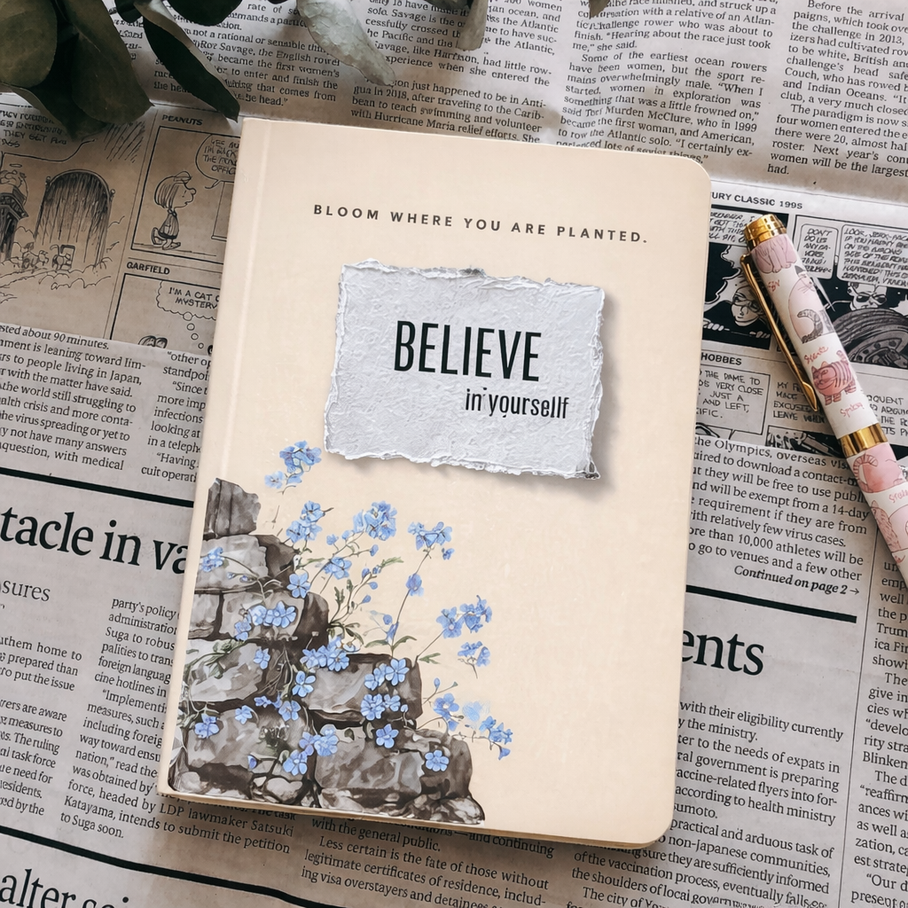 Notebook with motivational quote on a newspaper background