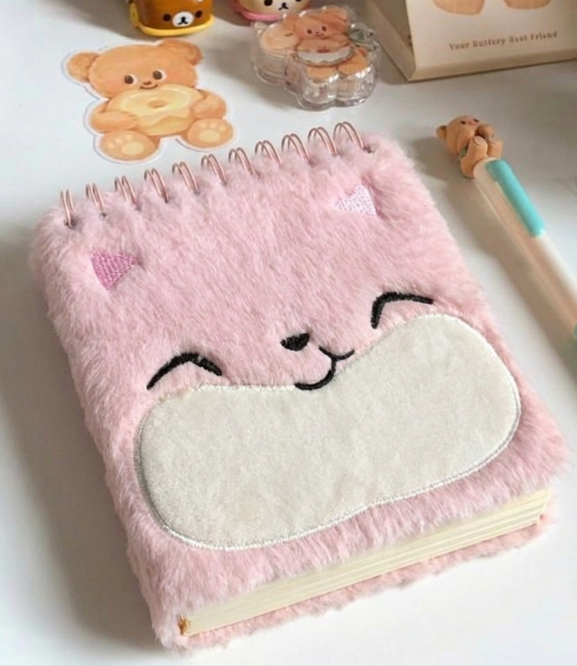 Pink plush notebook with a face design on a white surface with small teddy bear decorations.