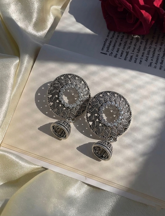 Mirror Bloom Oxidized Jhumka Earrings