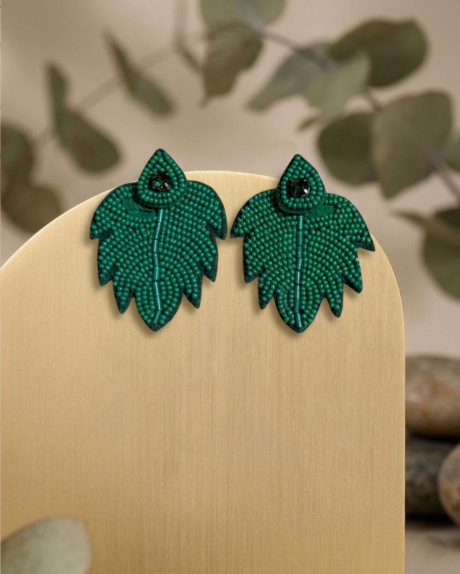 Handcrafted Emerald Leaf Beaded Statement Earrings